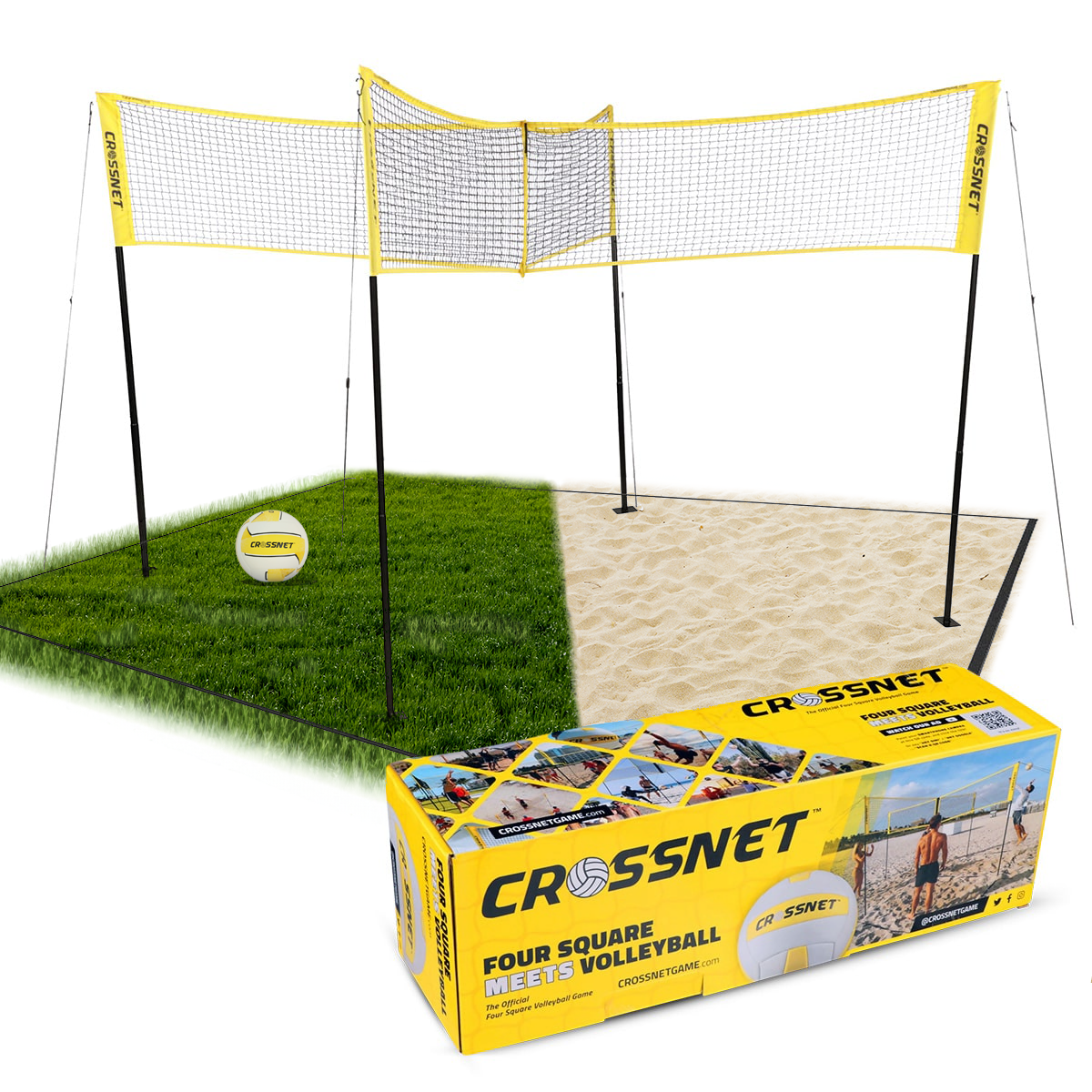 Crossnet volleyball set with grass and sand sections, featuring yellow nets and boxed packaging.