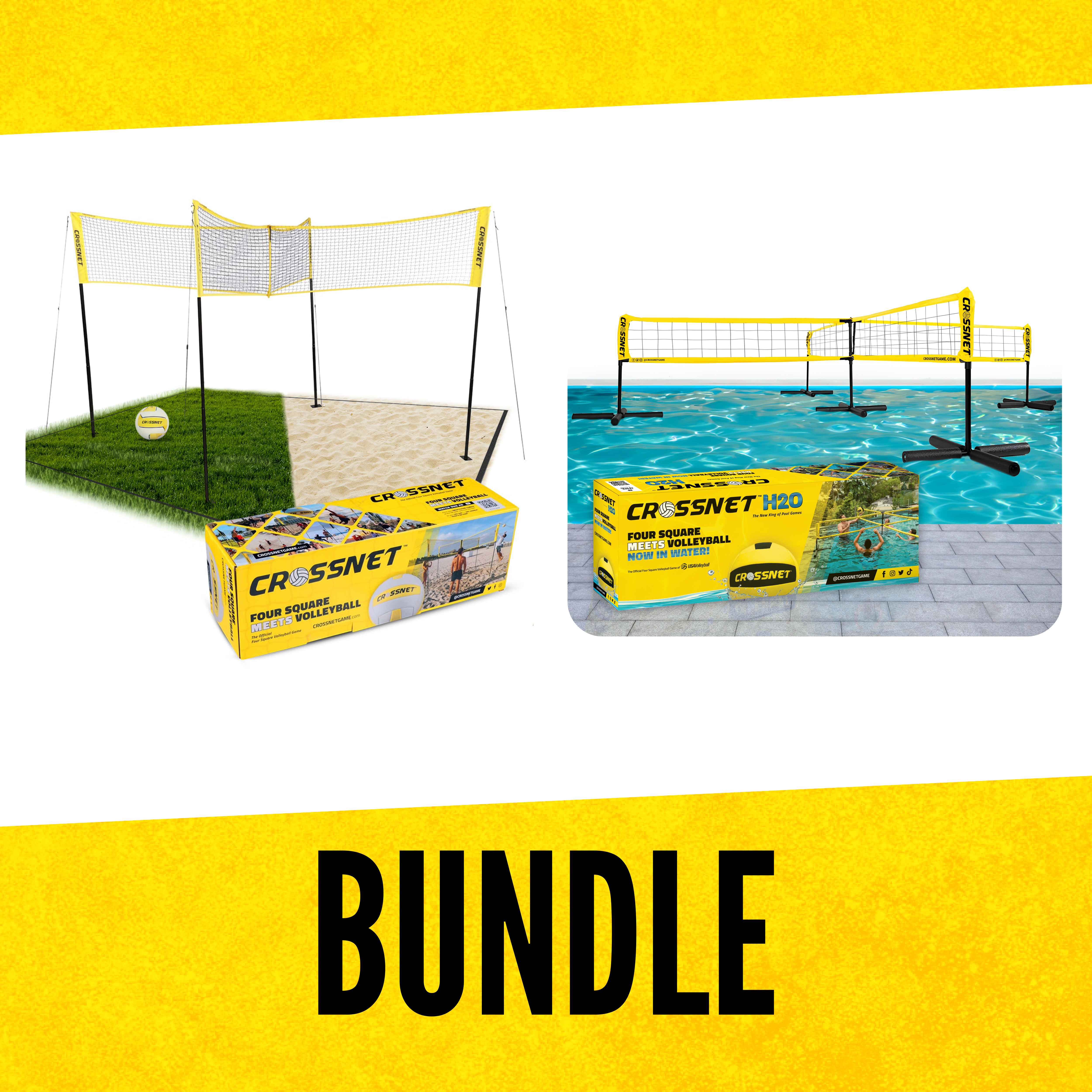 Crossnet volleyball set with grass and sand sections, featuring yellow nets and boxed packaging.