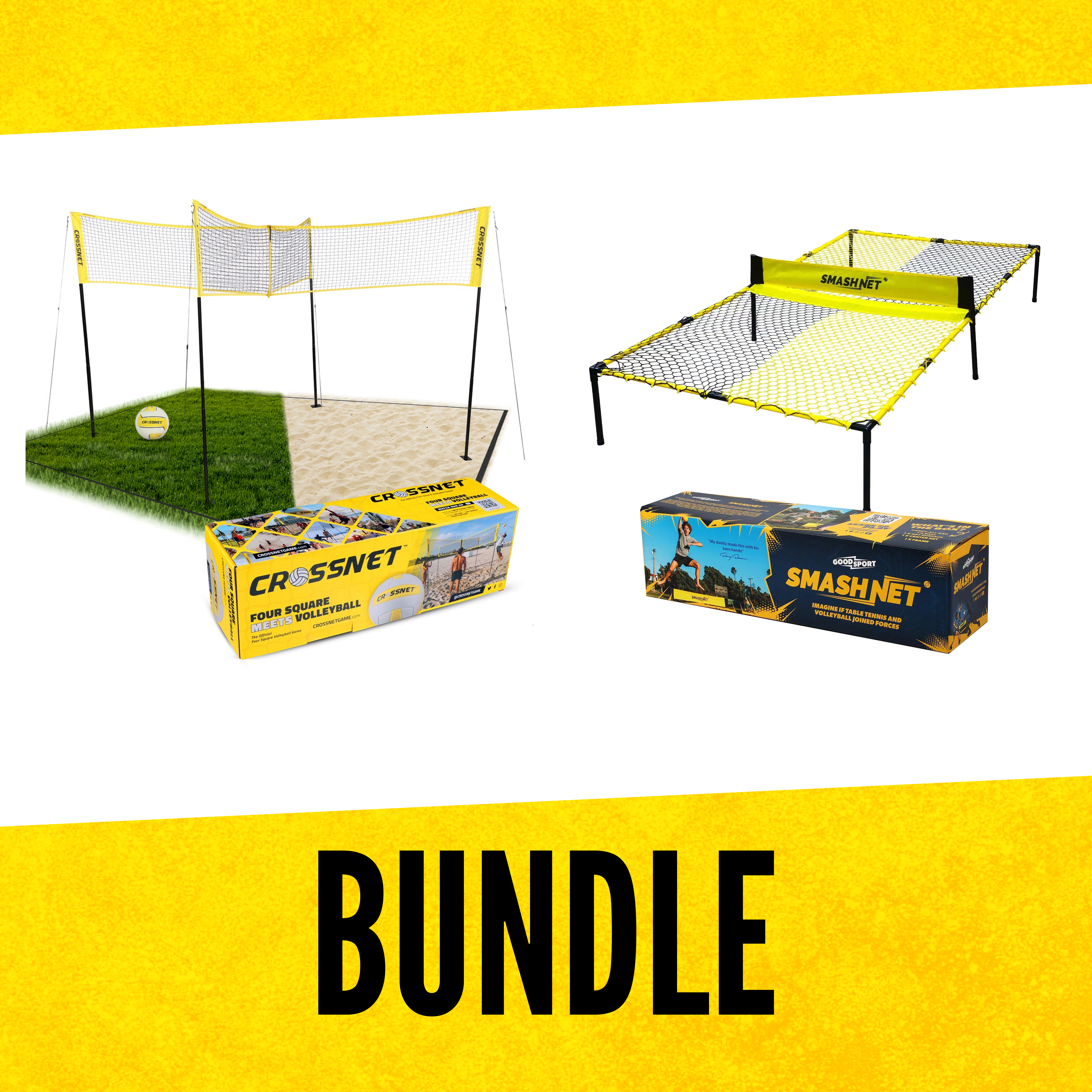 Crossnet volleyball set with grass and sand sections, featuring yellow nets and boxed packaging.