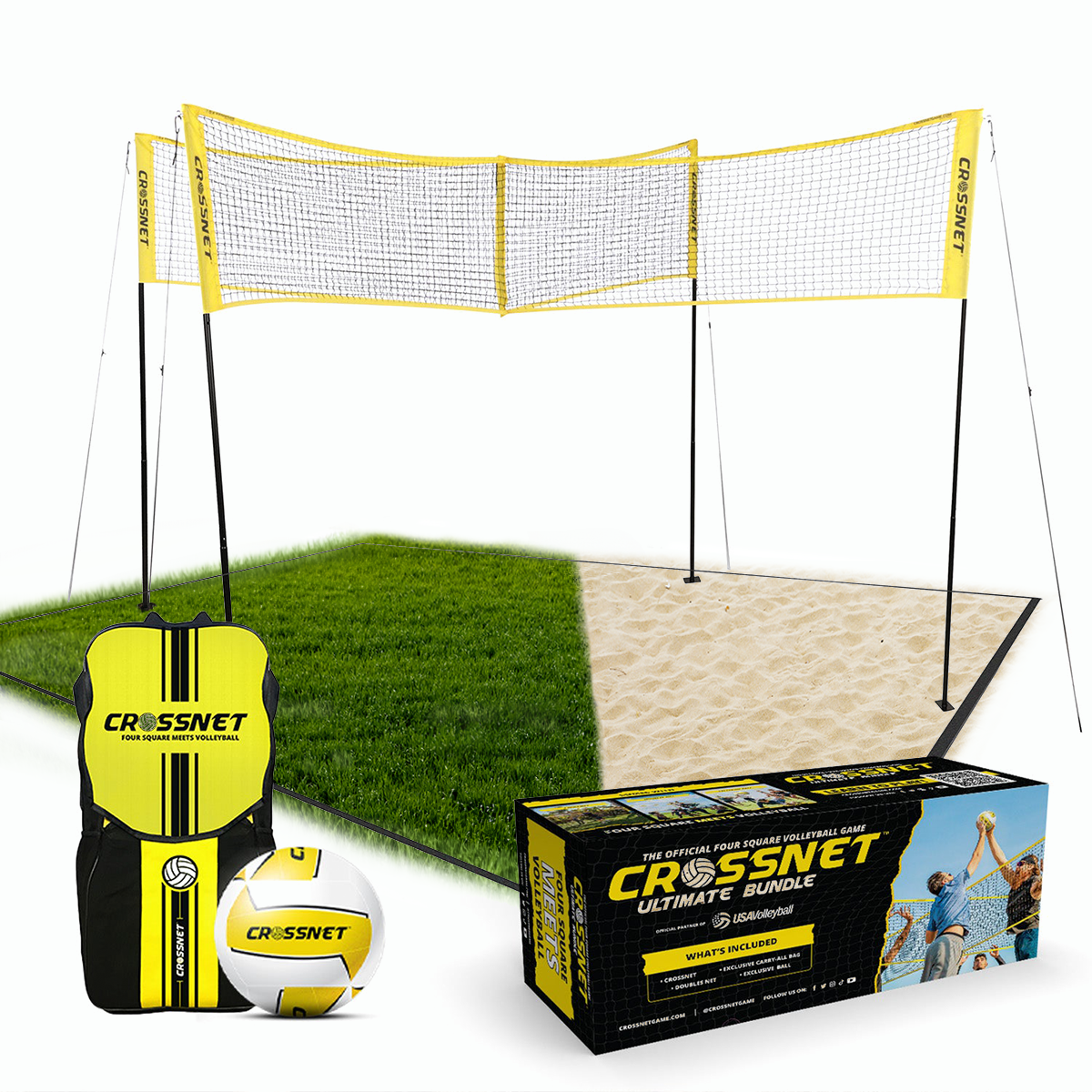 Crossnet volleyball set with grass and sand sections, featuring yellow nets and boxed packaging.