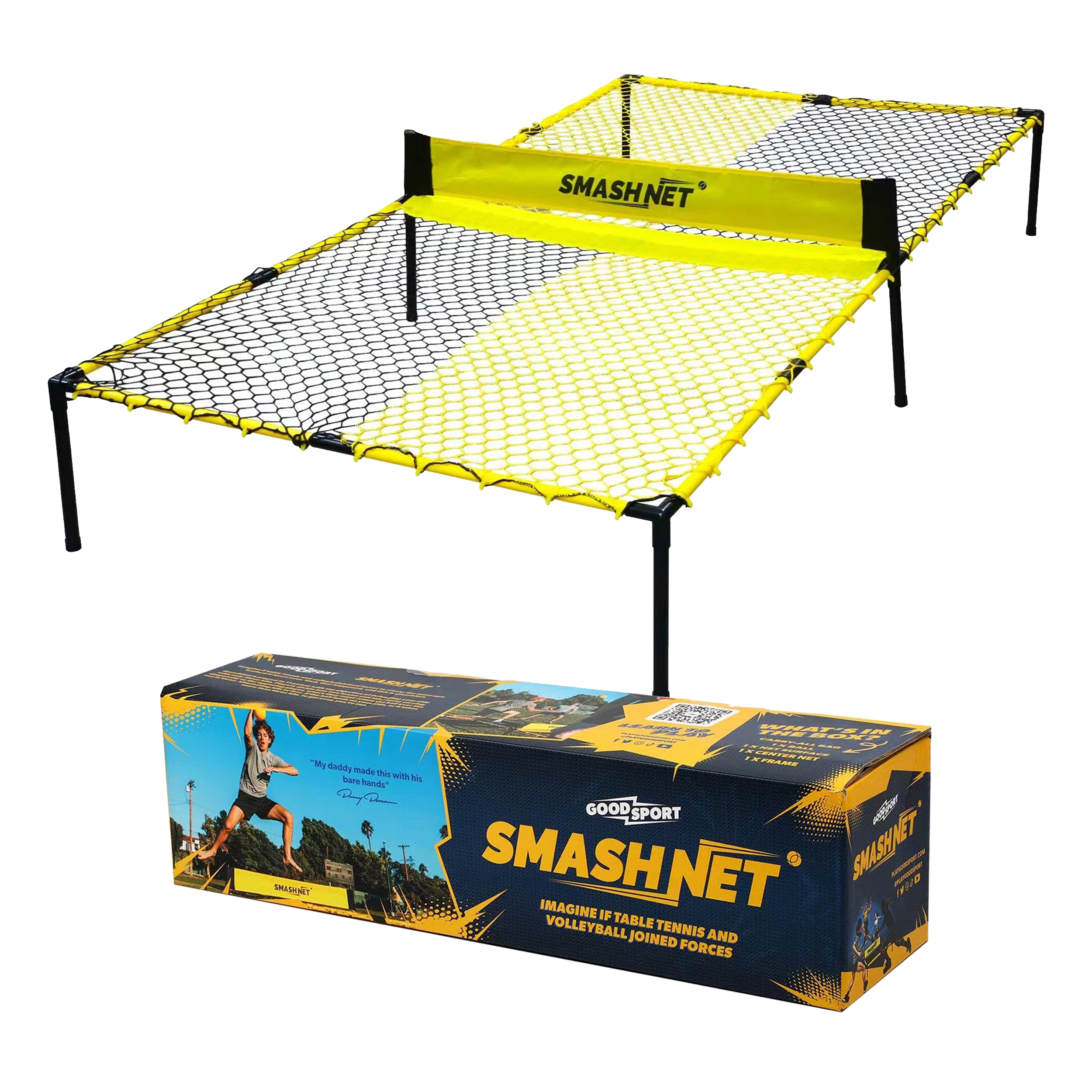 Crossnet volleyball set with grass and sand sections, featuring yellow nets and boxed packaging.