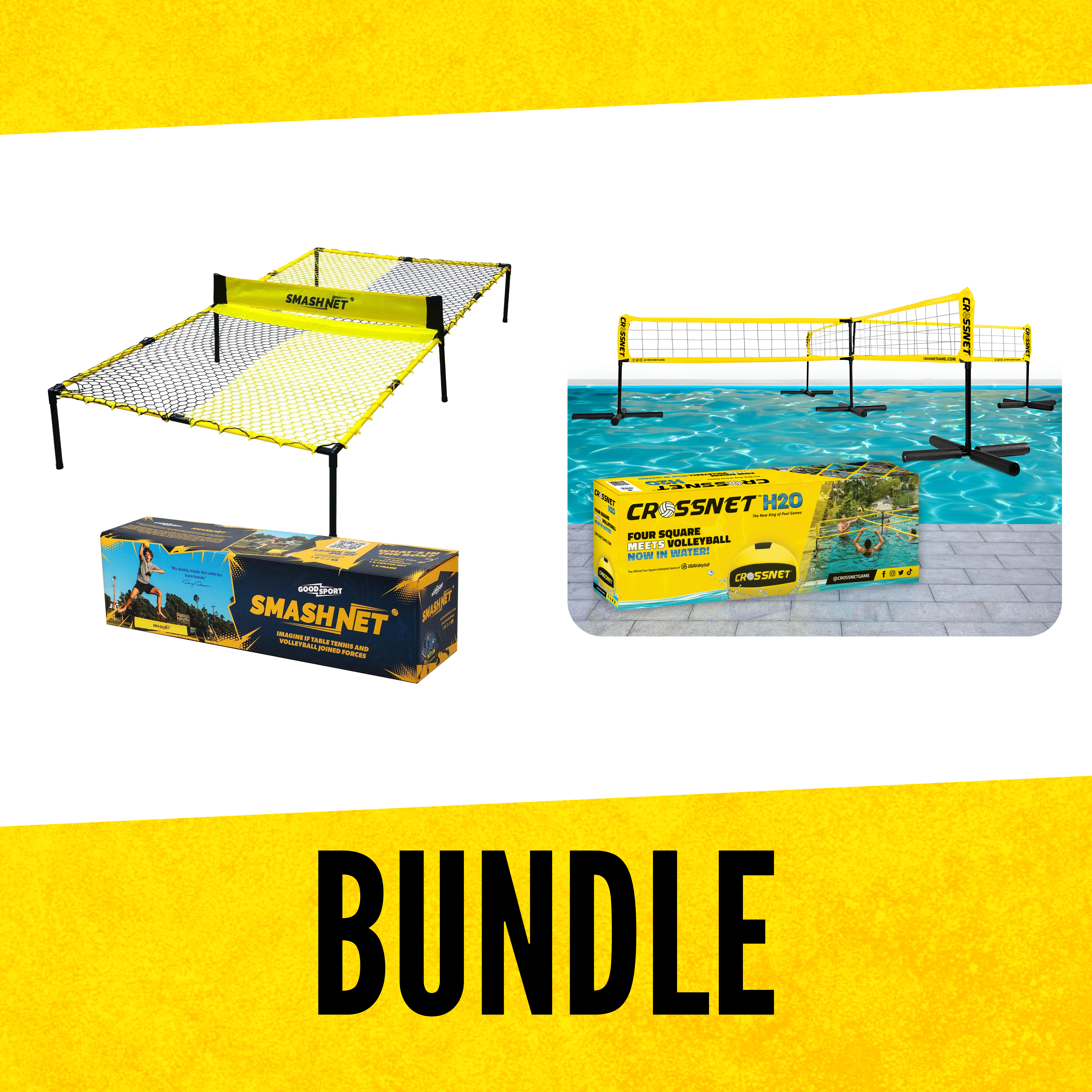 Crossnet volleyball set with grass and sand sections, featuring yellow nets and boxed packaging.